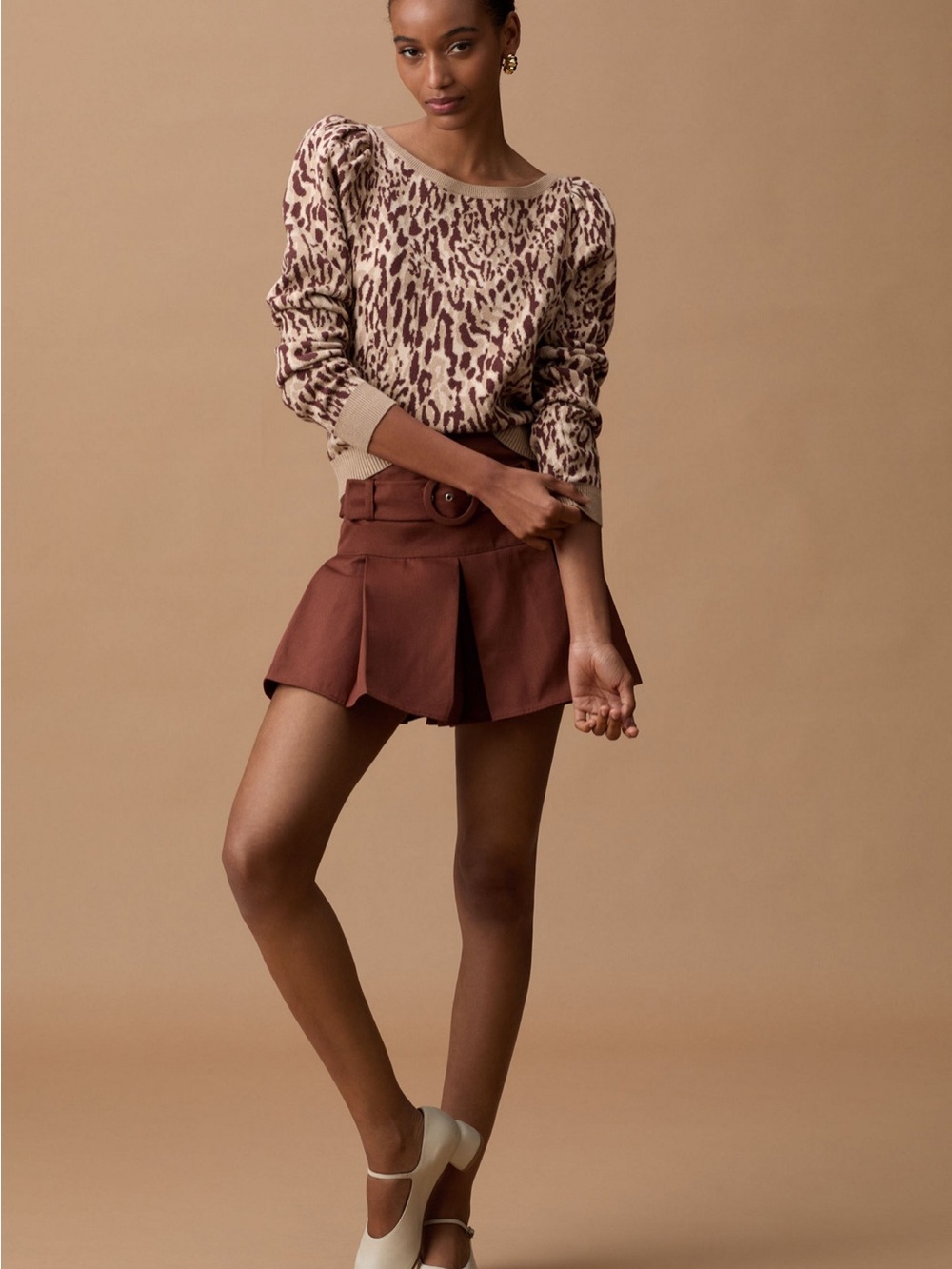 Anthropologie Maeve Leopard Puff Sleeve Sweater Brown Tan Large